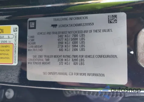 2021 Chevrolet Tahoe K1500 Premier z USA, uszkodzony, nr VIN 1GNSKSKD6MR220959